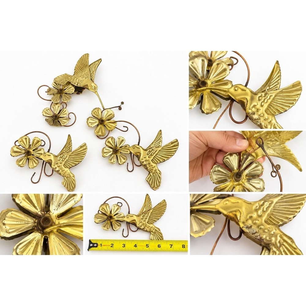 MCM Set of 3 Piece Metal Hummingbird Flower Wall Art Gold Brass Tone Vintage